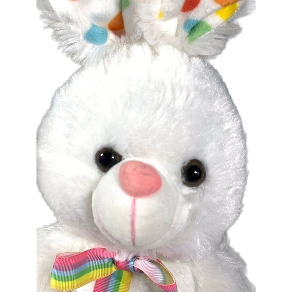 Megatoys‎ White Plush Rabbit Polka dots Rainbow Ribbon 14" Clean Soft￼ - Picture 3 of 8